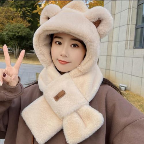 Plush-Bear-Hat-Scarf-All-in-One-Man-Womens-Winter-–-Soft-Fleece-Lined-Hood-with-Cute-Bear-Ears-Super-Warm-Stylish-