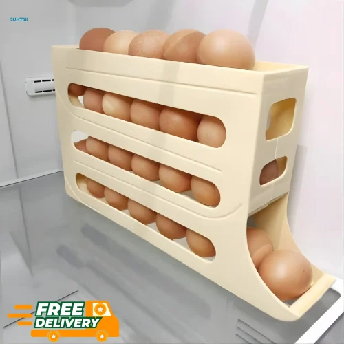 4 Layer Automatic Rolling Egg Storage Tray – Space Saving Refrigerator Organizer